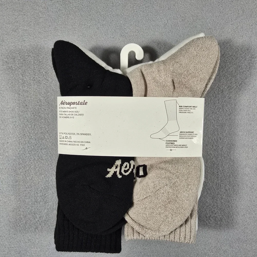 NWT 6-Pack Aeropostale Mens 6-12 Black Tan Brown Crew‎ Socks Athletic Cushioned